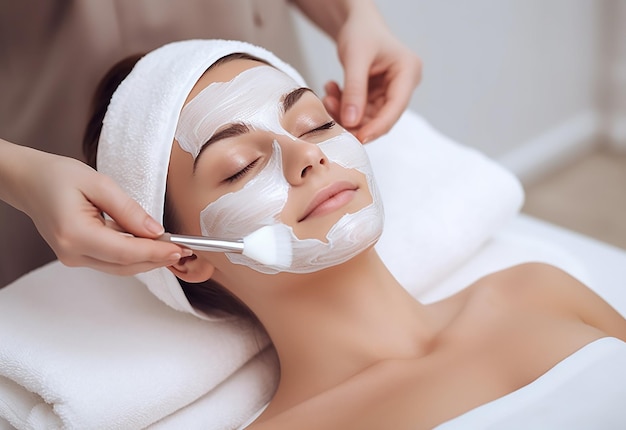 Photo of young and cute woman girl getting facial and face mask treatment in salon