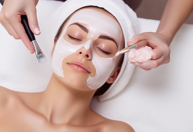 Photo of young and cute woman girl getting facial and face mask treatment in salon