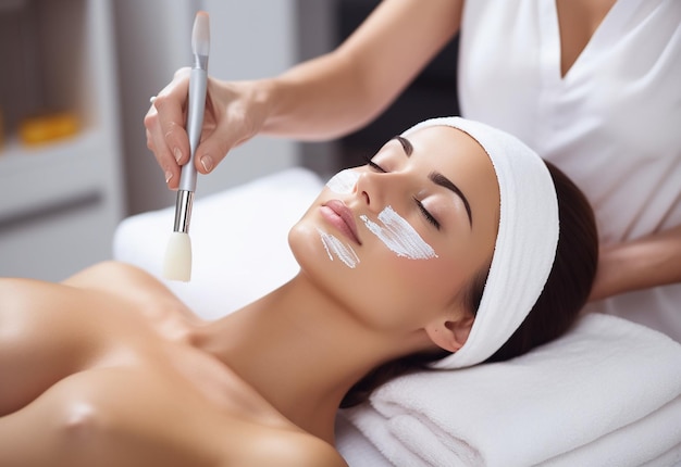 Photo of young and cute woman girl getting facial and face mask treatment in salon