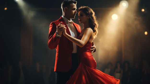 Photo young dance ballroom couple in gold dress dancing in sensual pose generated by AI