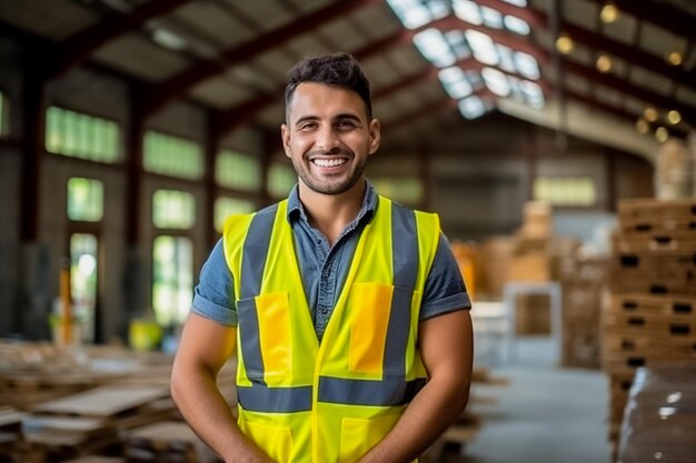 Photo of young engineer man handsome smiling in uniform factory worker AI Generated