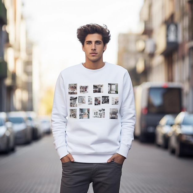 Photo photo of young europe man wear a white crewneck sweatshirt featuring a print on the front left chest