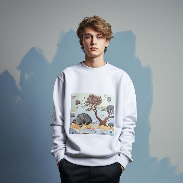 Photo of young Europe man wear a white crewneck sweatshirt featuring a print on the front left chest