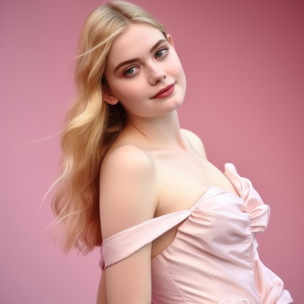写真の若いファッショナブルな女性は、ピンクの潮のドレスを着て、スリムフィットの体と透き通った新鮮な肌を持っています