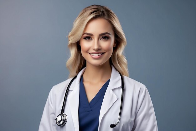 Photo Young female doctor at hospital with stethoscope