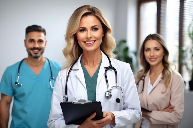 Photo Young female doctor at hospital with stethoscope