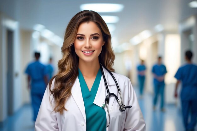 Photo Young female doctor at hospital with stethoscope