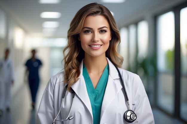 Photo Young female doctor at hospital with stethoscope