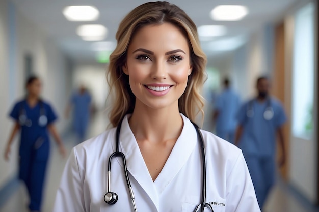 Photo photo young female doctor at hospital with stethoscope