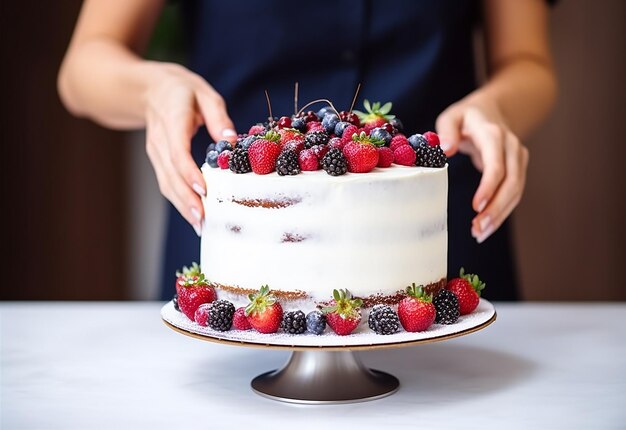 Photo of young female girl woman chef decorating and icing chocolate cake