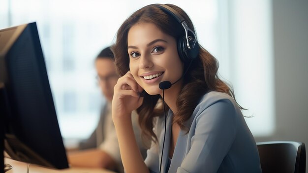 Photo of young female girl woman working as customer care assistance with smile