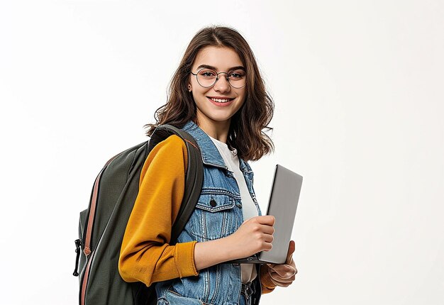 Foto di una giovane studentessa con un sorriso carino e un portatile in mano