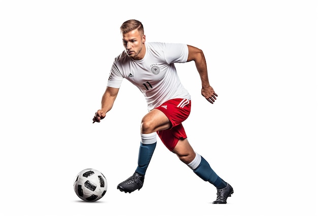 Photo of young football player on isolated white background