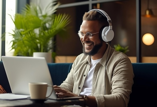 Photo of young girl and boy African girl and boy listen to music by headphones with smile