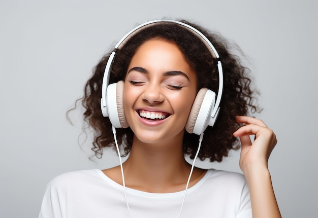 Photo of young girl and boy African girl and boy listen to music by headphones with smile