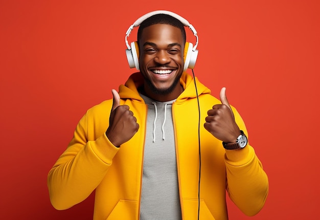 Photo of young girl and boy African girl and boy listen to music by headphones with smile