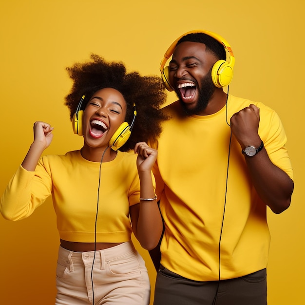 Photo of young girl boy man listen to the music by headphones