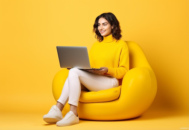 Photo of young girl or boy working with laptop sitting on the floor and chair