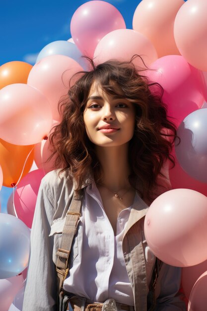 photo of a young girl holding colorful balloons in the sky ai generated