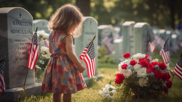 Foto di una giovane ragazza che rende omaggio a una tomba nel memorial day