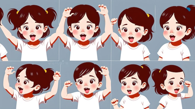 Фото молодой девушки с различными жестами и выражениями лица