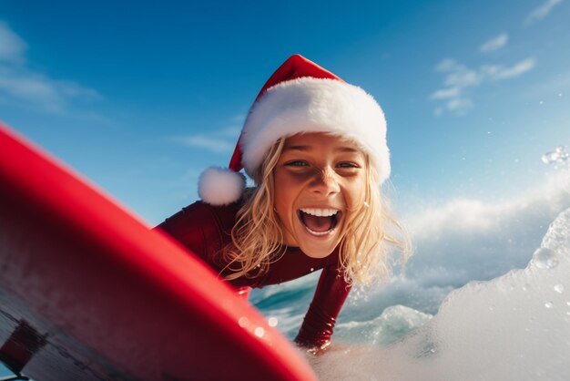 Photo of young girl wearing Santa clothes surfing on board High quality photo