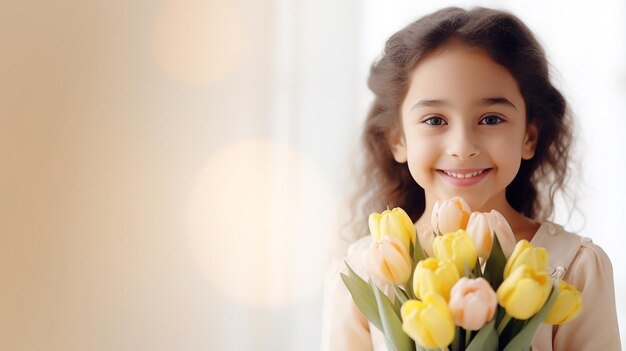 인공지능에 의해 생성된 꽃을 가진 어린 소녀의 야외 사진