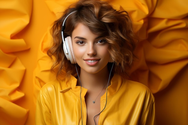 Photo young girl with headphones on a yellow paper background