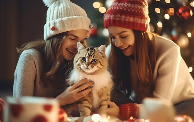 사랑스러운 고양이와 함께 크리스마스를 축하하는 어린 소녀들의 사진