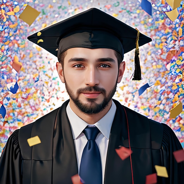 卒業式のキャップをかぶった若い男の写真