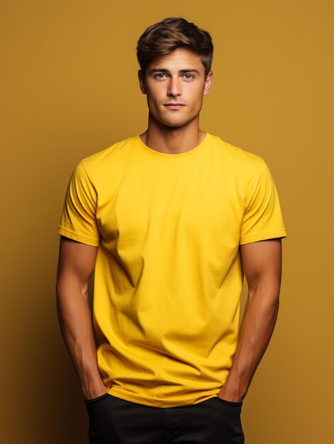 Photo young handsome model man wearing yellow color tshirt for mockup design