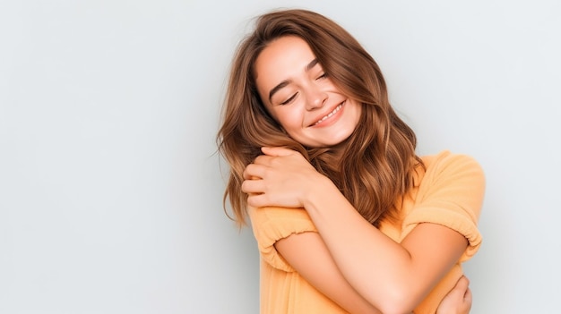 Photo of young happy cute woman with smiling face