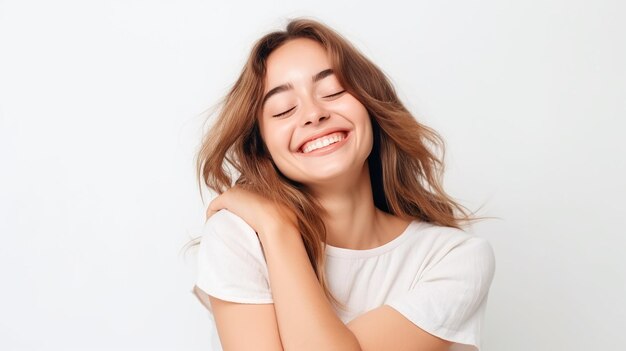 Photo of young happy cute woman with smiling face