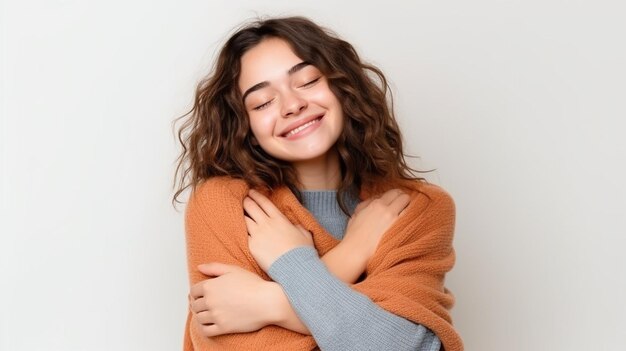 Photo of young happy cute woman with smiling face