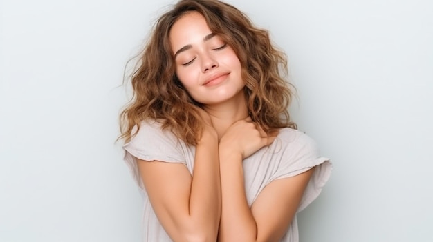 Photo of young happy cute woman with smiling face