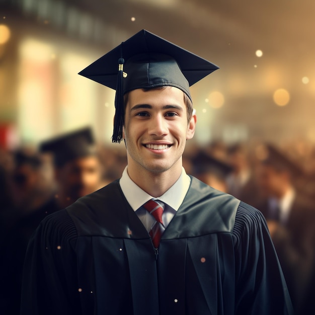 Photo of young happy graduate student in university