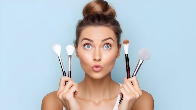 Photo of young happy smiling beautiful woman doing contouring apply blush on cheeks