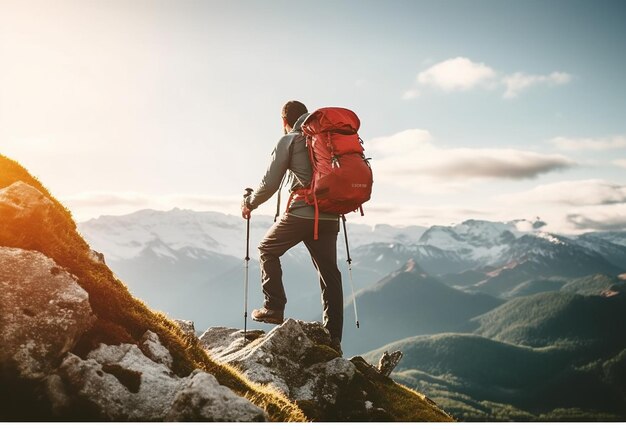 Photo of young hiker hiking rock mountain hill as success