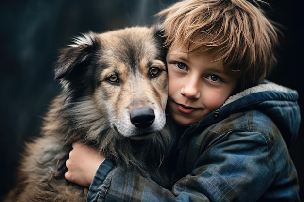 Photo of young human hugs a dog Portrait of a young man and his dog outdoors Ai generated