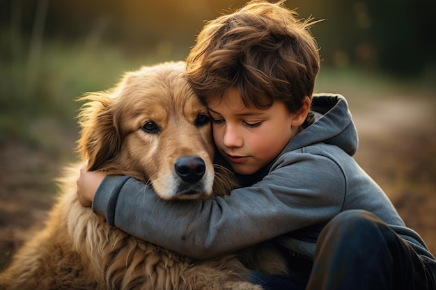 Photo of young human hugs a dog Portrait of a young man and his dog outdoors Ai generated