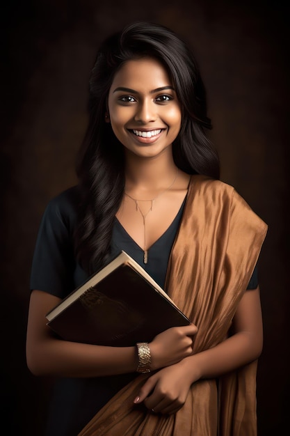 a photo of a young indian woman in her mid 20s college student holding a book to her chest