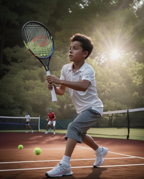 Photo photo of young kid athlete playing tennis in the court