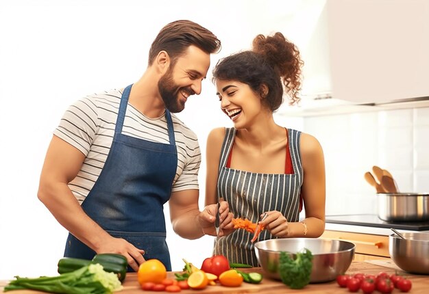 Photo photo of young lovely couple cooking together at home kitchen