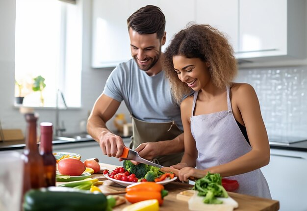 Photo photo of young lovely couple cooking together at home kitchen