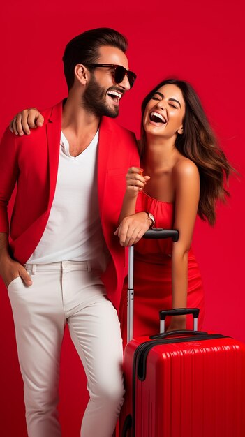 Photo of young lovely couple getting ready for traveling with their luggage