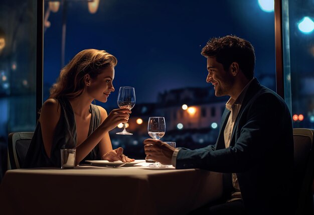 Photo photo of young lovely couple having dinner at beautiful restaurant