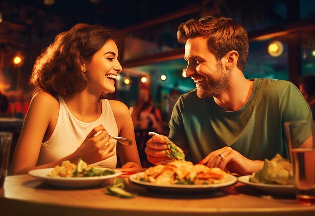 Photo of young lovely couple having dinner at beautiful restaurant