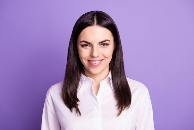 Photo of young lovely lady good mood toothy smile oral care dentist whitening isolated over violet color background