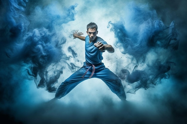 photo the young male athlete kickboxing on a of blue smoke