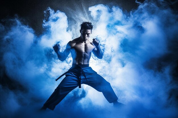 photo the young male athlete kickboxing on a of blue smoke